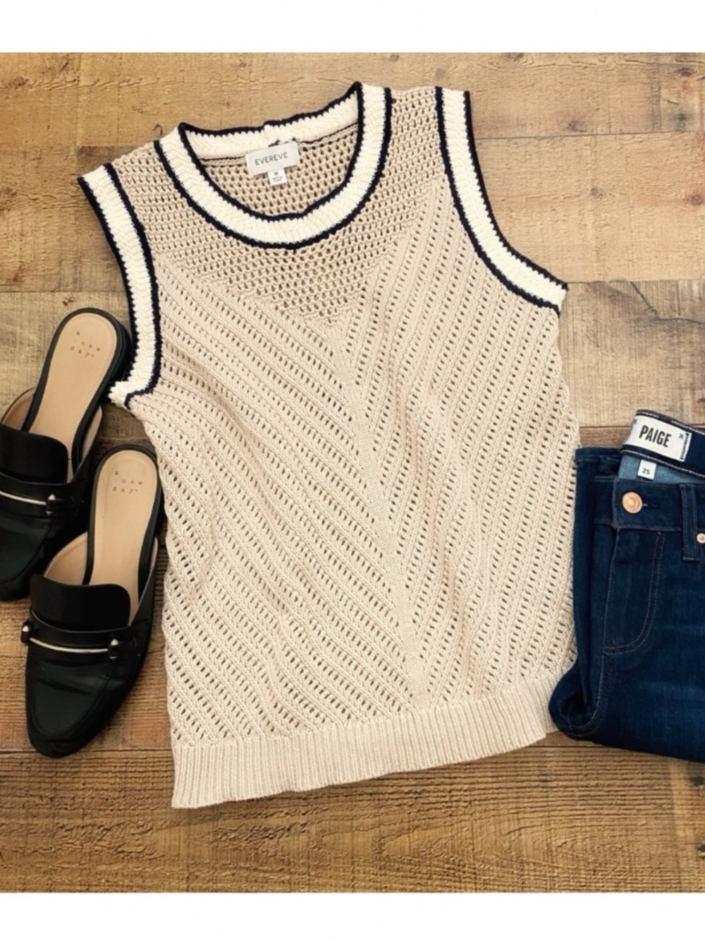 Evereve Cream Knit Tank with Navy Contrast Trim - Picture 2 of 9